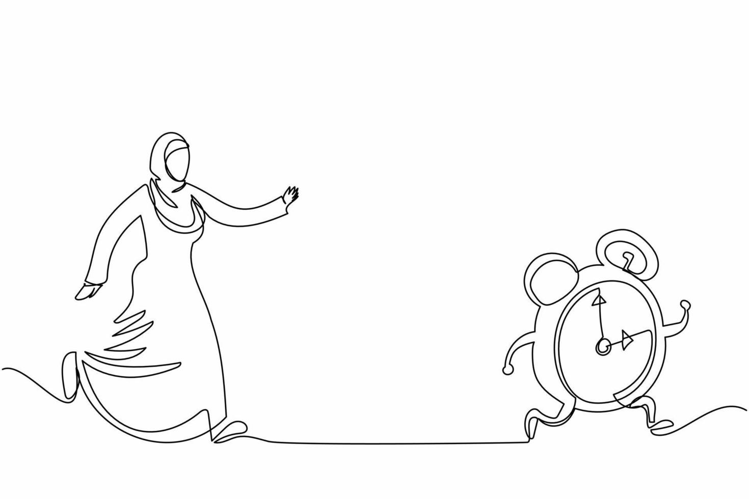 Single one line drawing Arab businesswoman chasing alarm clock. Hurry wake up in the morning to work. Female worker chase by deadline project. Continuous line draw design graphic vector illustration