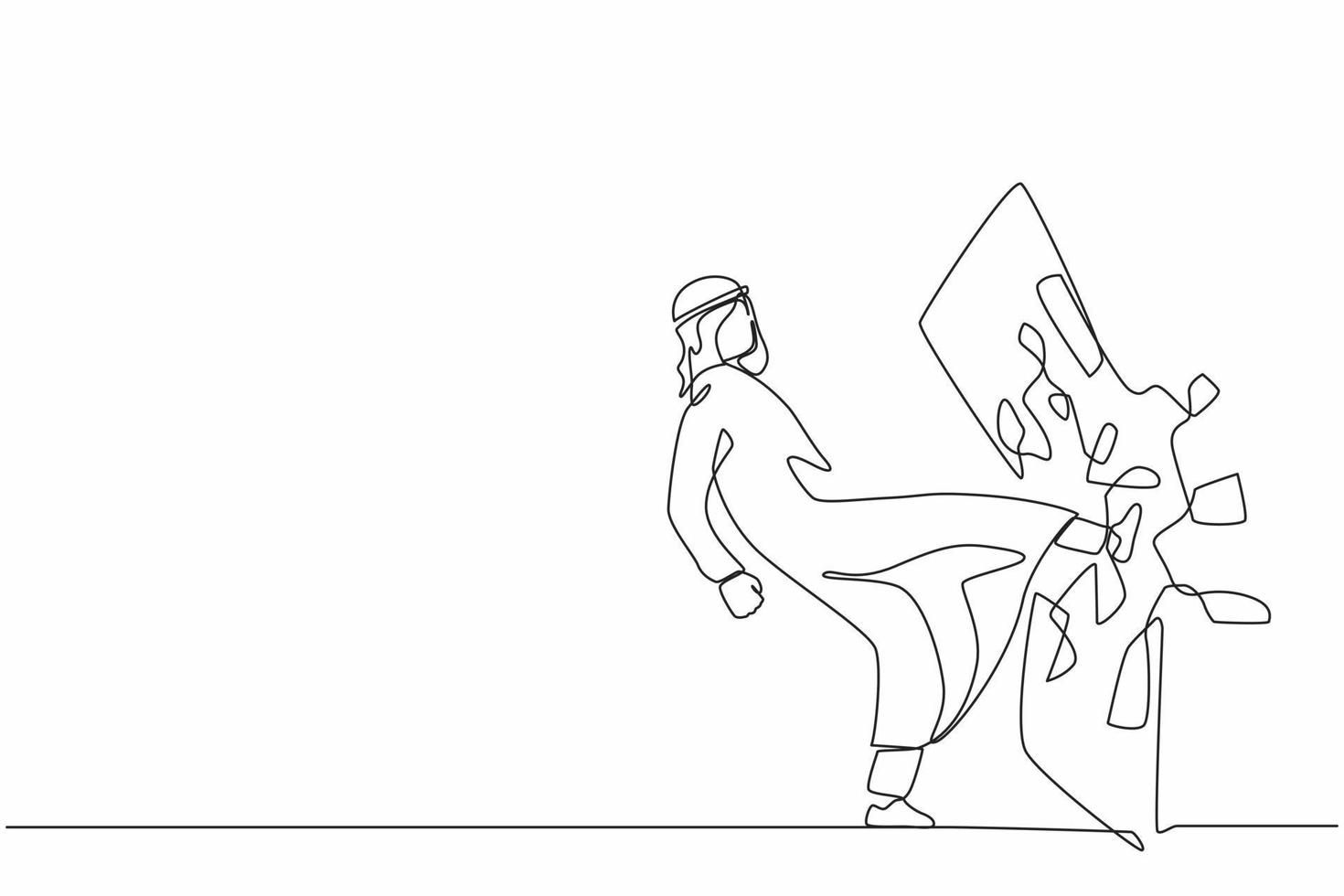 Single one line drawing Arabian businessman kicked mirror and shattered it. Breaking impossible barrier. Business motivation, breakthrough concept.  Continuous line design graphic vector illustration