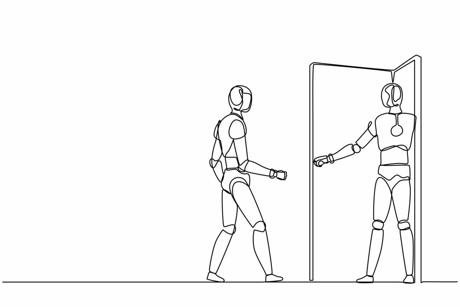 Single one line drawing robot is inviting his friend to get into his office. Future technology. Artificial intelligence and machine learning process. Continuous line design graphic vector illustration