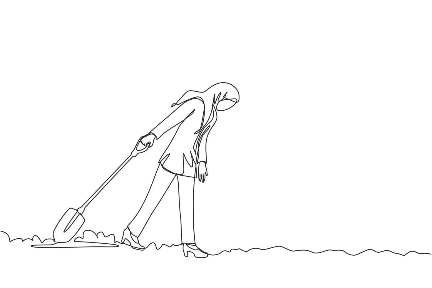 Single one line drawing Arabic businesswoman walking unsteadily leaving hole dug dragging shovel. Woman digs in tunnel trying to get to goal. She gave up, stopped trying. Continuous line design vector