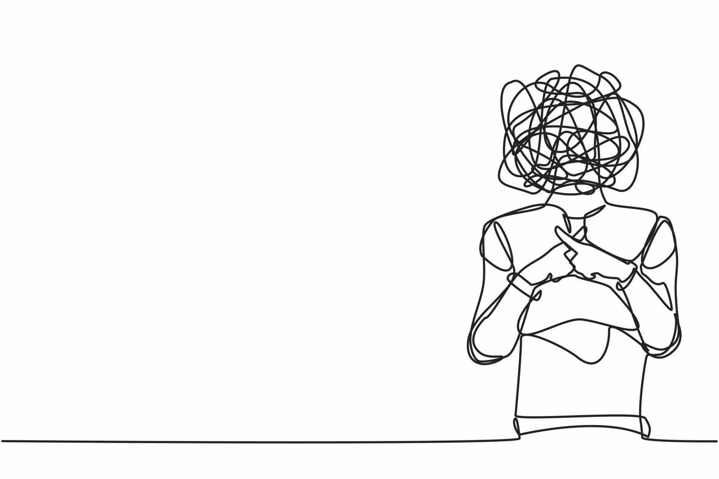 Continuous one line drawing robot with round scribbles instead of head. Sign crossing fingers forming x. Cross, wrong or banned. Humanoid robot cybernetic. Single line draw design vector illustration