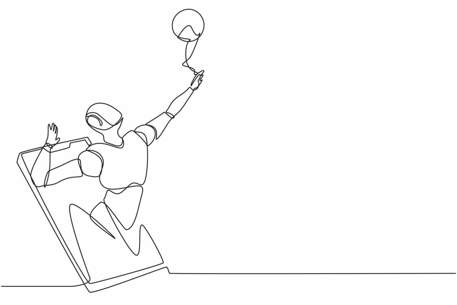 Single one line drawing robot come out from cellular phone and doing smash volleyball. Future technology development. Artificial intelligence, machine learning process. Continuous line design vector