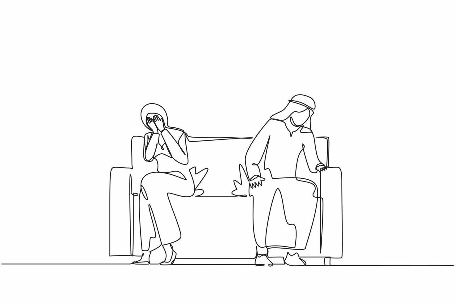 Continuous one line drawing sad unhappy Arabian husband and wife sitting on couch and keeping silence after quarrel at home. Problems in communication and fight. Single line draw design vector graphic