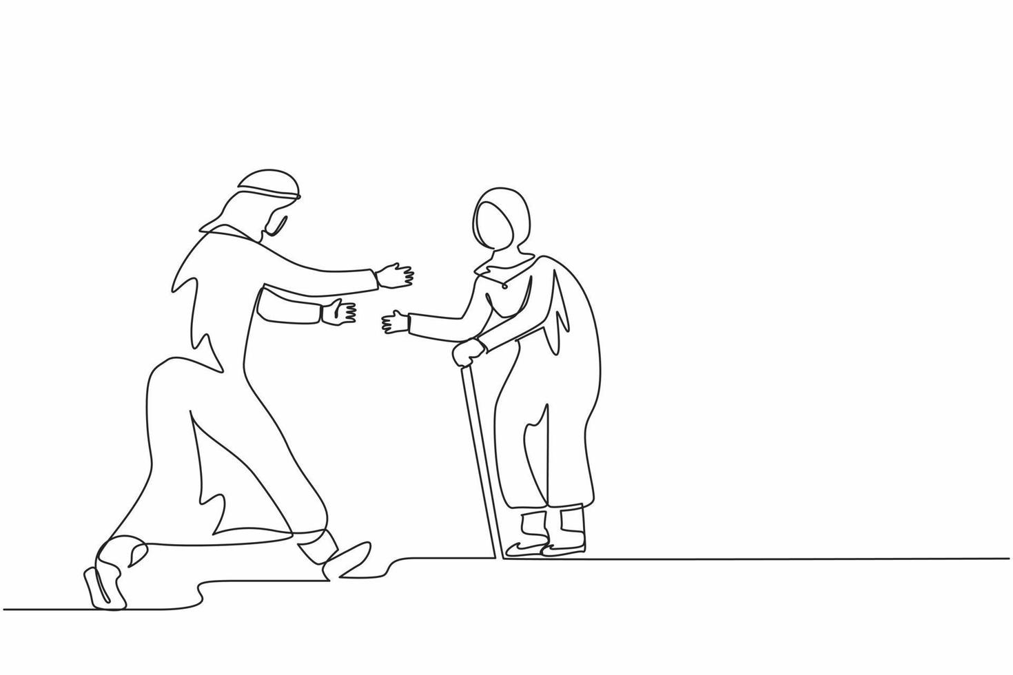 Single continuous line drawing happy Arab man running to meet grandmother. Vacation at grandparents home. Mother, senior female, retired, summertime, holiday. One line draw design vector illustration