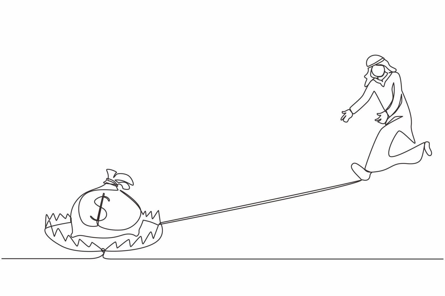 negocio de trampa de dinero de dibujo de línea continua única. hombre de negocios árabe corriendo para atrapar una bolsa de dinero en la trampa para osos de acero. metáfora del riesgo financiero codicioso y malas soluciones. vector de diseño de dibujo de una línea