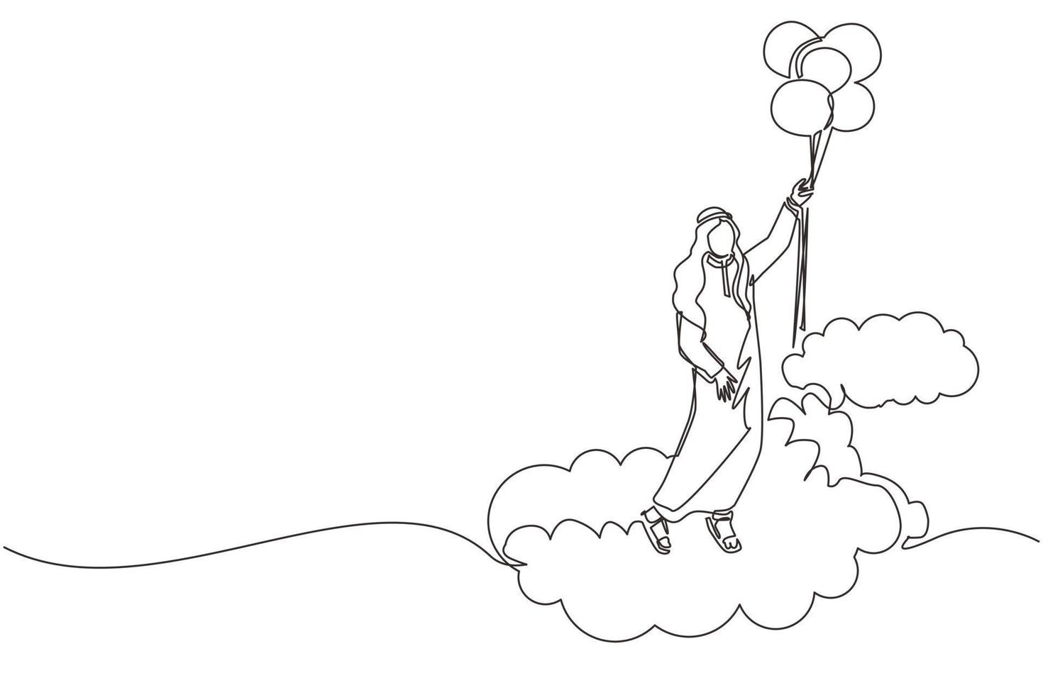 Single one line drawing Arabic businessman floating with balloon. Man holding balloon flying through cloud. Worker reaches goal, target, finds solution. Continuous line draw design vector illustration