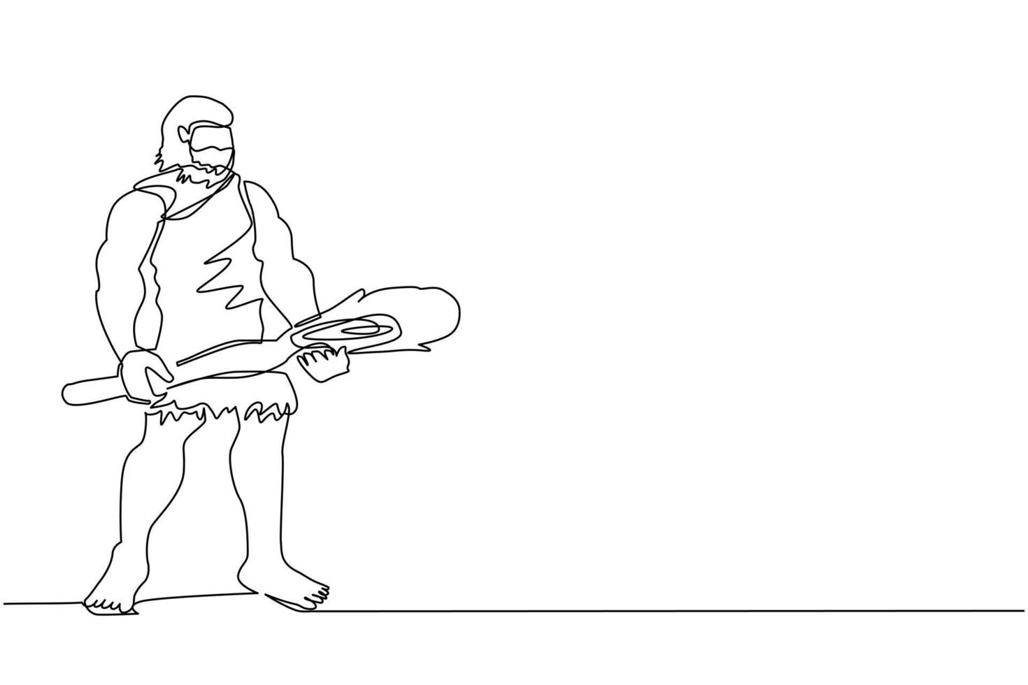 Single one line drawing caveman holding big wooden club or cudgel. Prehistoric bearded man dressed in animal pelt. Neanderthal hunter. Ancient homosapiens. Continuous line draw design graphic vector
