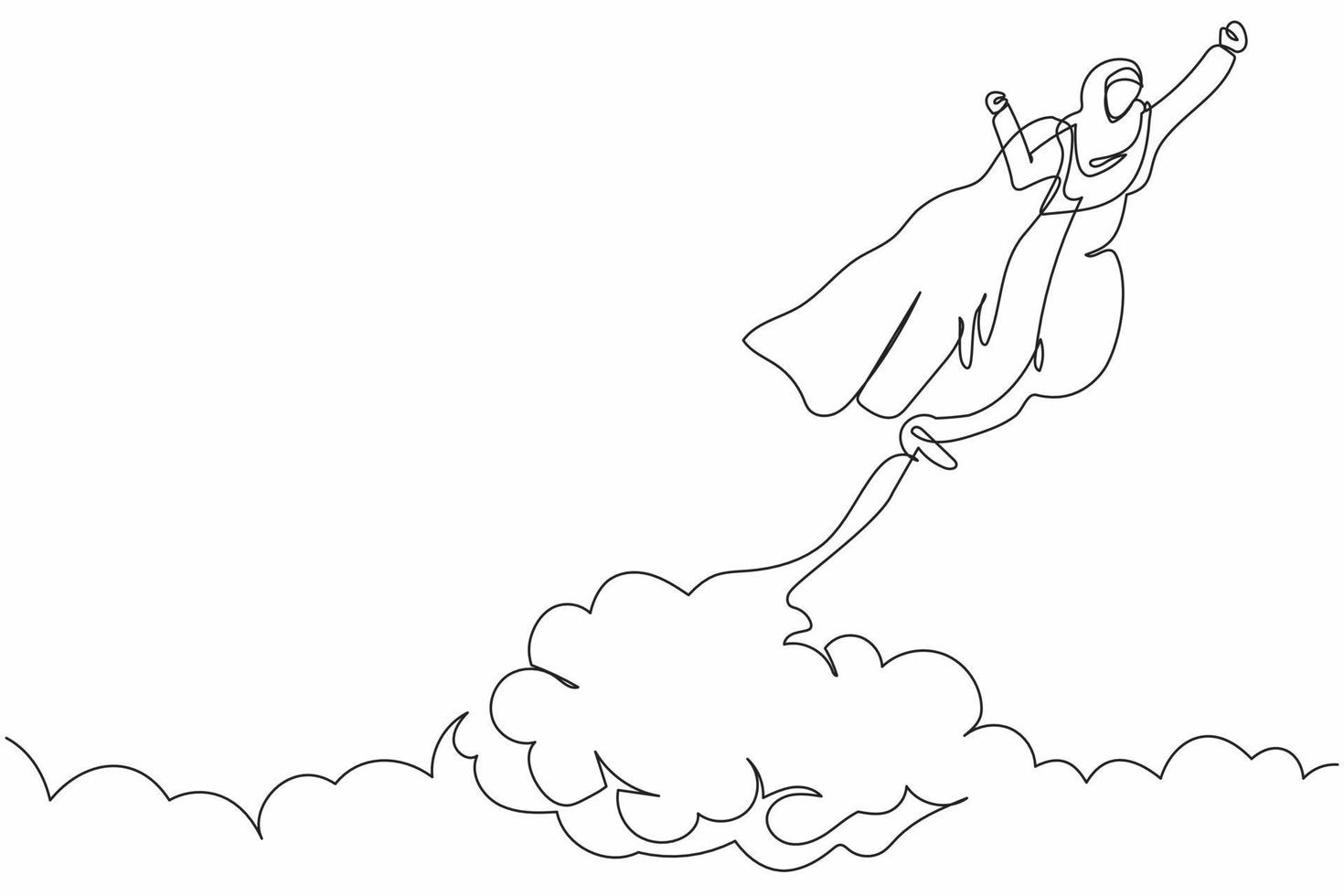 Single continuous line drawing Arabian businesswoman superhero with cloak flying up to success. Business takes off. Power uniqueness business project. One line draw graphic design vector illustration