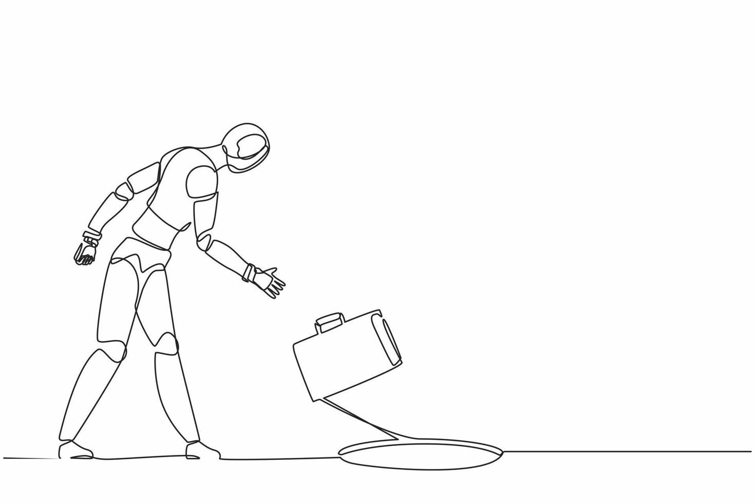 Single one line drawing robot throws briefcase into hole. Future technology development. Artificial intelligence and machine learning processes. Continuous line draw design graphic vector illustration