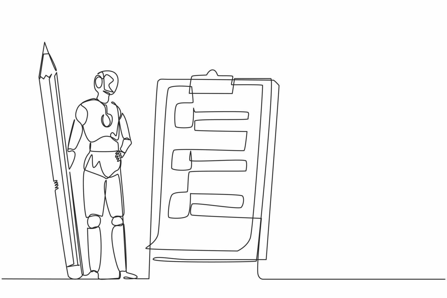 Single continuous line drawing robots holding big pencil and looking clipboard. Modern robotics artificial intelligence technology. Electronic technology industry. One line draw graphic design vector