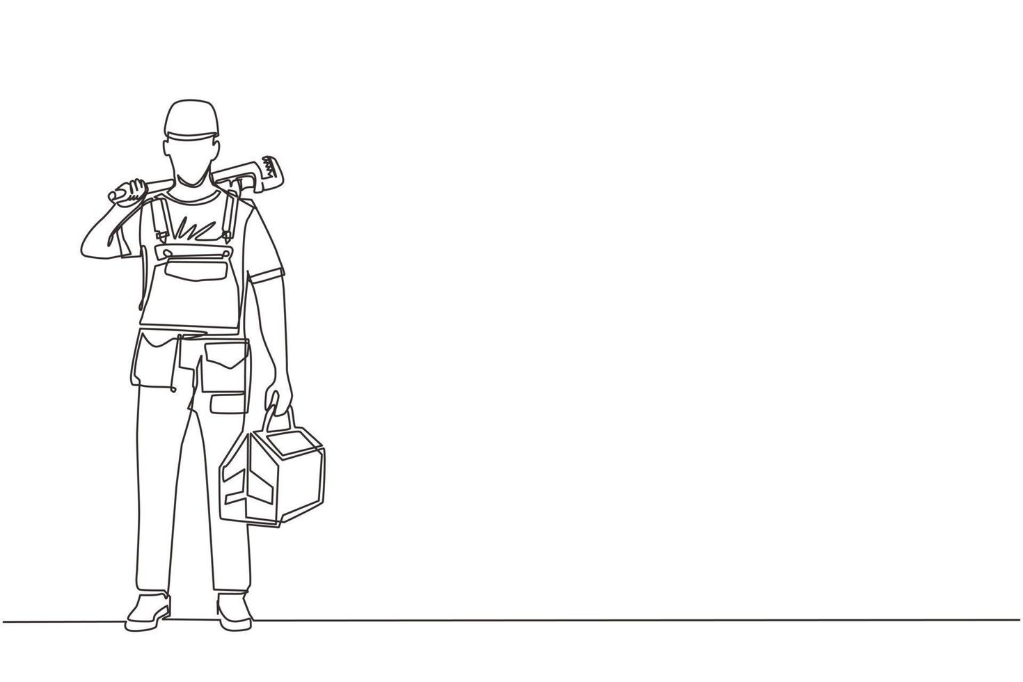 Continuous one line drawing man plumber holding wrench and tools box in hands stands isolated. Professional serviceman character in uniform ready for work. Single line draw design vector illustration