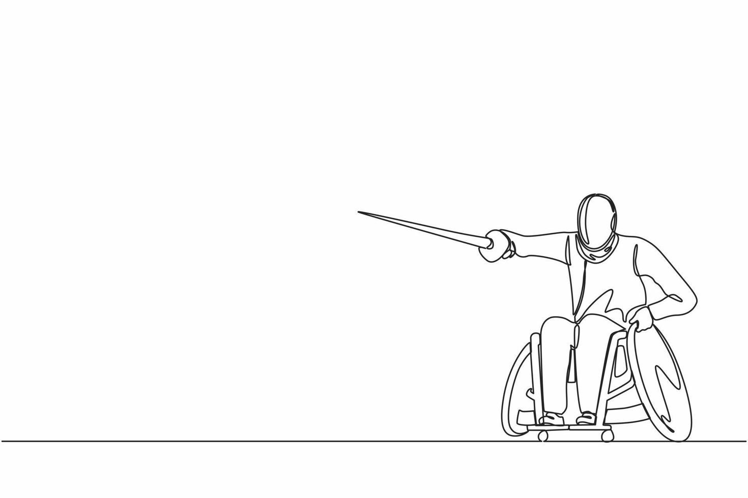 Single continuous line drawing disabled fencing young man in a wheelchair. Disability swordsman with rapier. Concept for sport, summer games, recovery, swordplay. One line draw graphic design vector