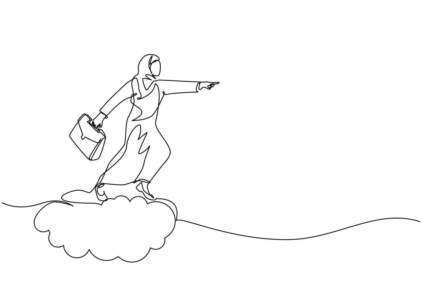 Continuous one line drawing Arabian businesswoman holding briefcase ride cloud, pointing forward, go to future, business concept. Woman on cloud way to success. Single line draw design vector graphic
