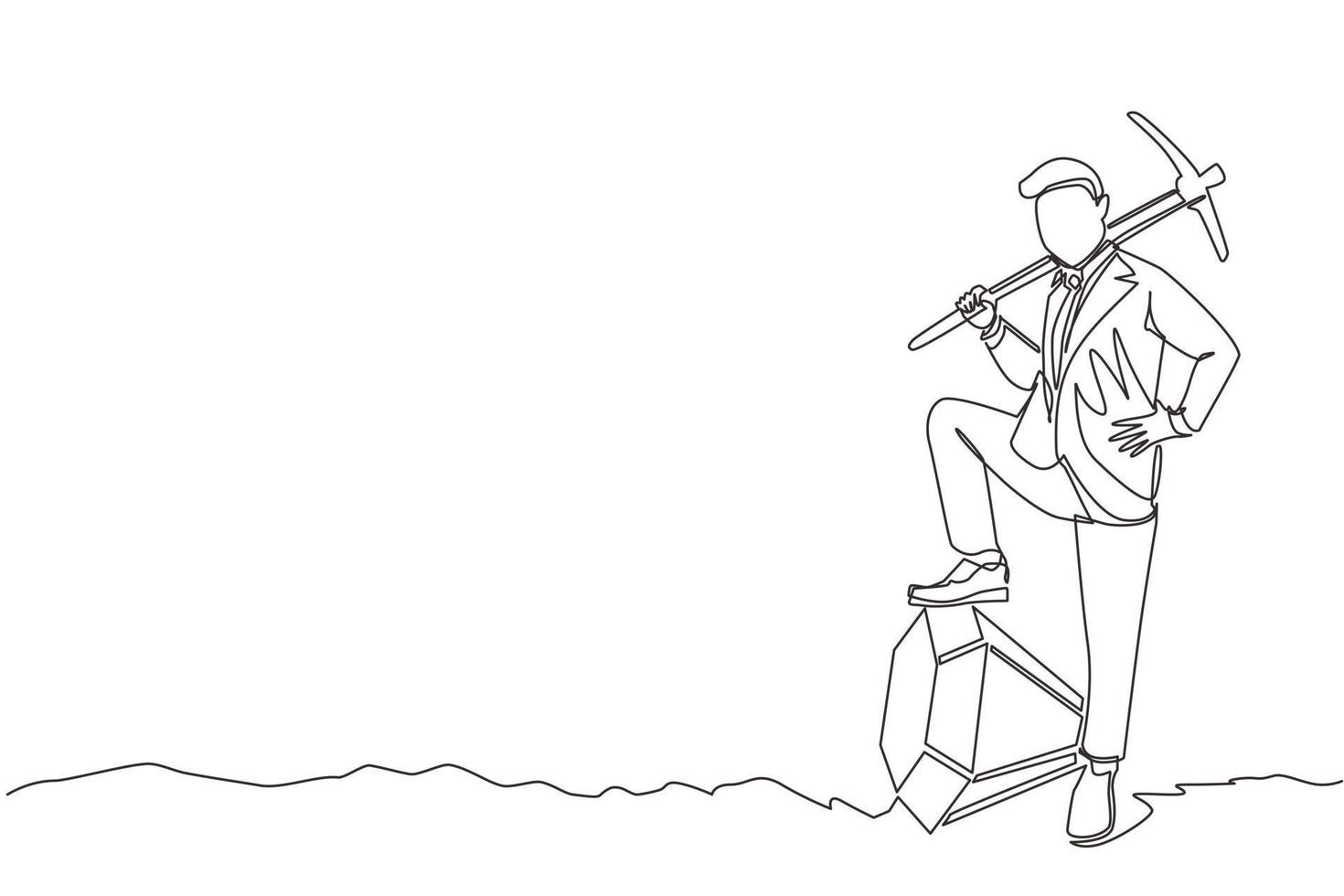 Single one line drawing businessman digging ground with pickaxe and finding big diamond. Success business, achievement, and discovery concept. Continuous line draw design graphic vector illustration