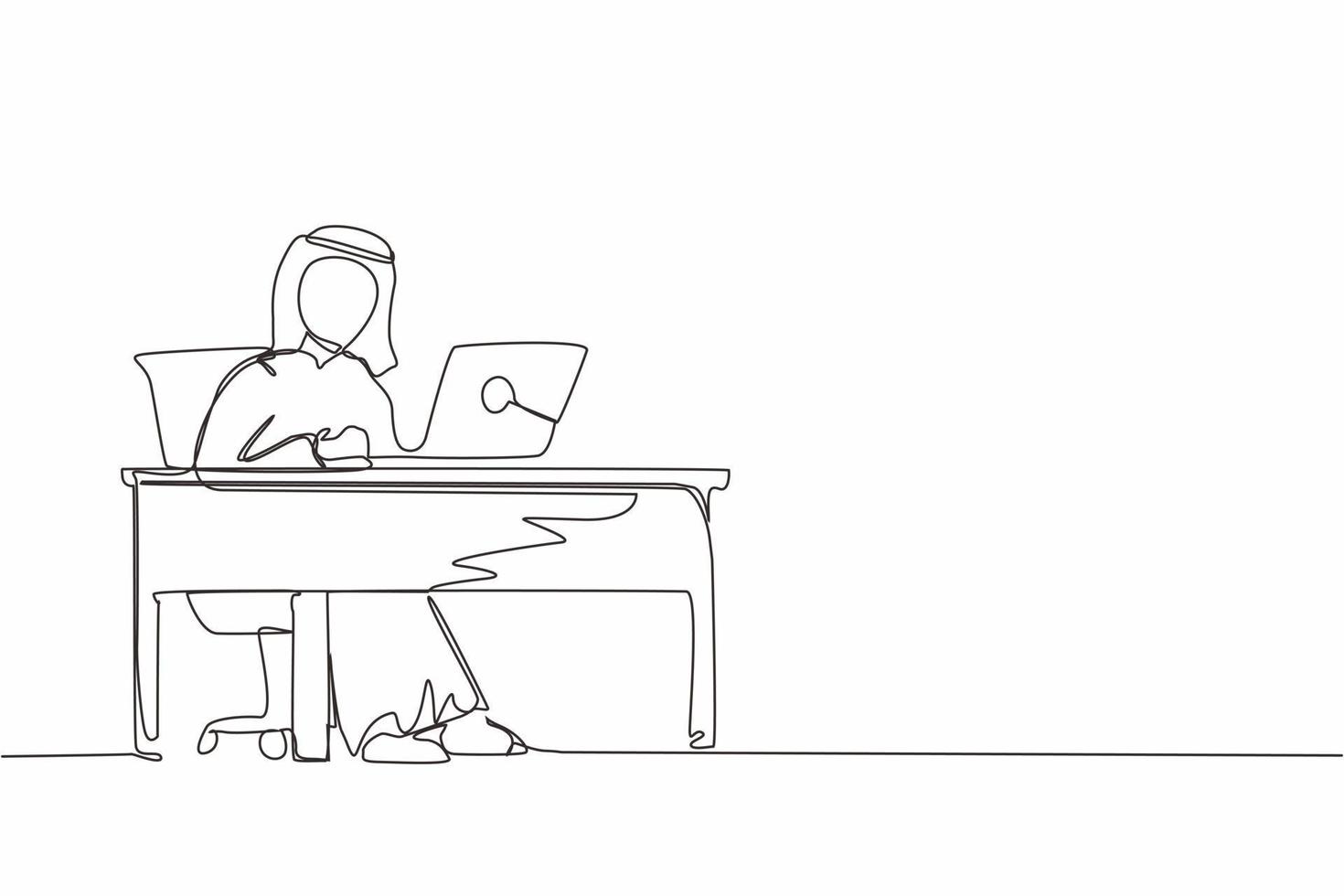 Single one line drawing male works in office. Arabic businessman working, typing and sending messages. Work, table, computer. Workplace and communication concept. Continuous line design graphic vector