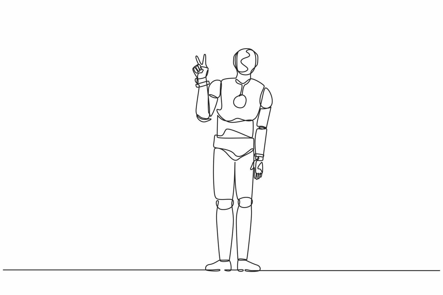 Single continuous line drawing robot showing victory sign, gesture success. Robot doing victory sign. Robotic artificial intelligence. Electronic technology. One line draw design vector illustration