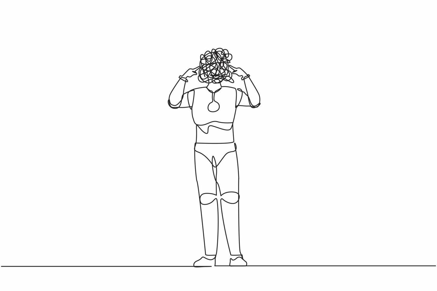 Continuous one line drawing robot with round scribbles instead of head, covering his ears with fingers avoiding loud noise. Robotic artificial intelligence. Single line draw design vector illustration