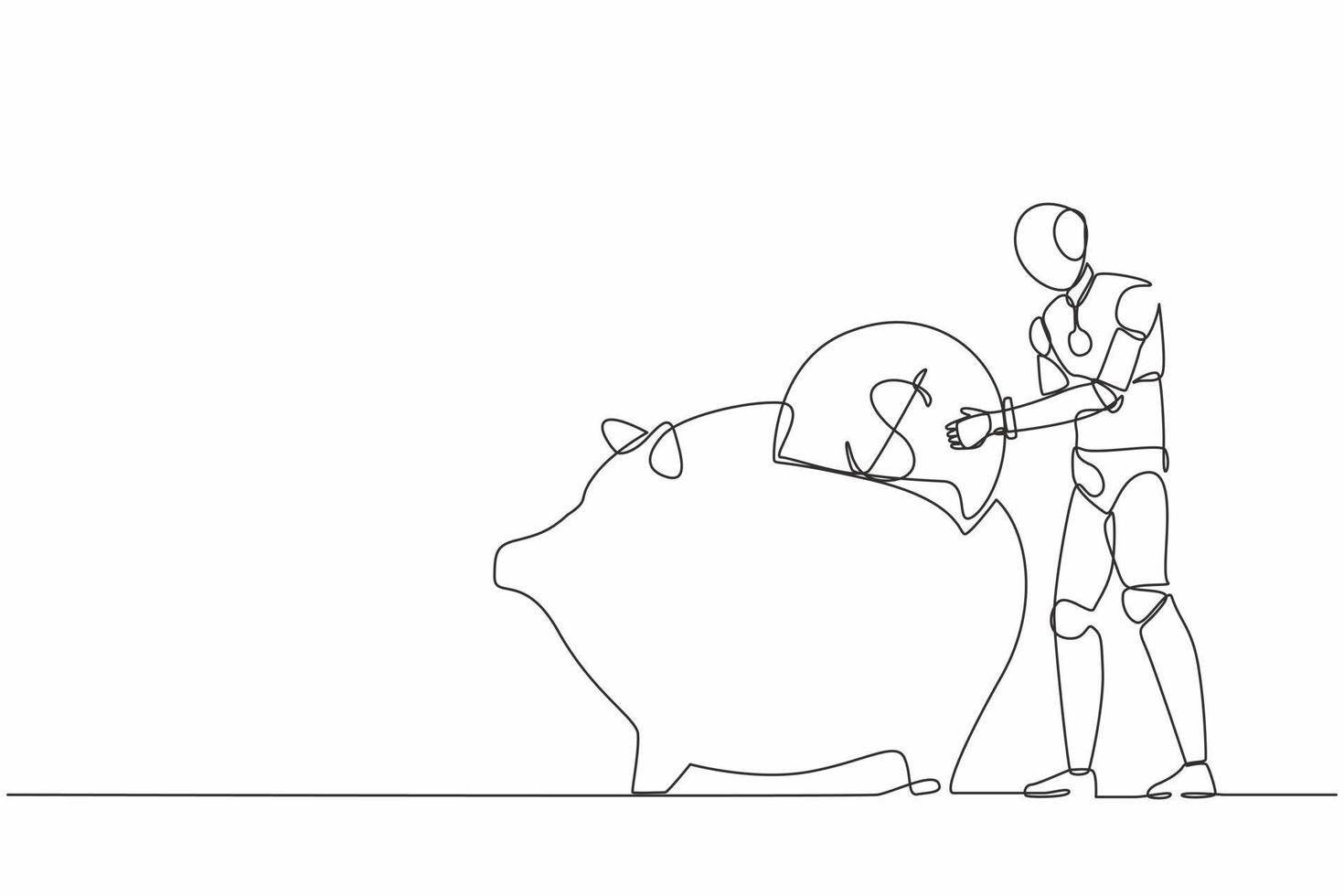 Continuous one line drawing robot putting dollar coin into piggy bank. Humanoid robot cybernetic organism. Future robotics development concept. Single line draw design vector graphic illustration