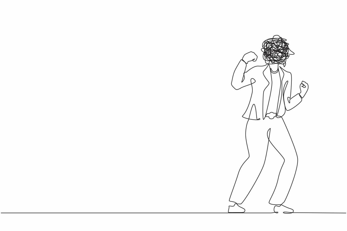 Single one line drawing businesswoman with round scribbles instead of a head. Angry annoyed worker with clenched fists. Aggressive mood, toxic communication. Continuous line draw design graphic vector