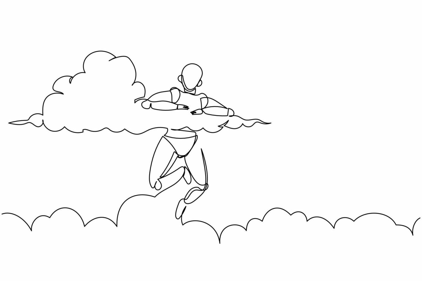 Continuous one line drawing robot hang in clouds. Hoping for success, winning business project. Humanoid robot cybernetic organism. Future robotic development. Single line design vector illustration