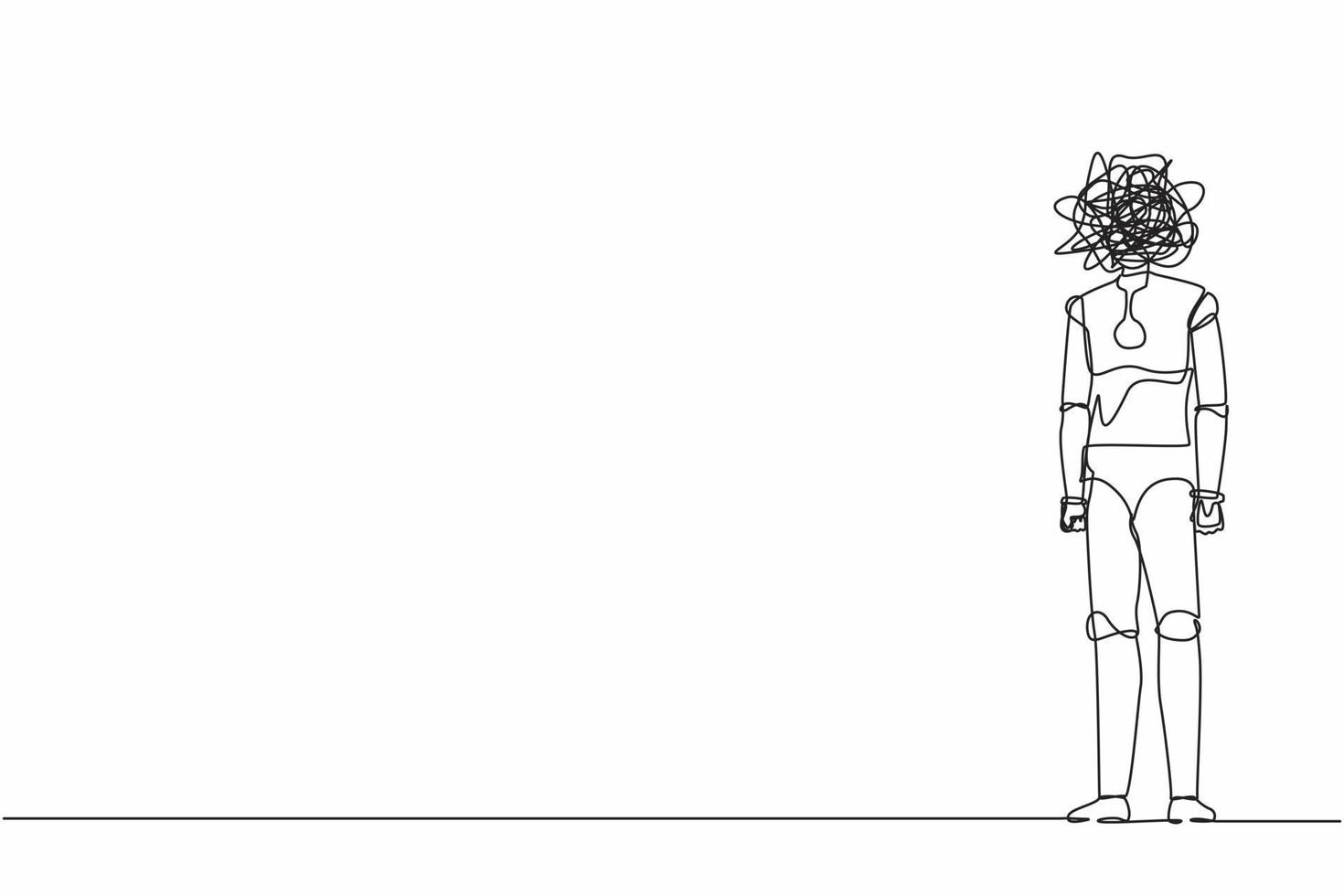 Continuous one line drawing robot with round scribbles instead of head, standing with nervous. Anxiety, confusion in thoughts. Humanoid cybernetic organism. Single line draw design vector illustration