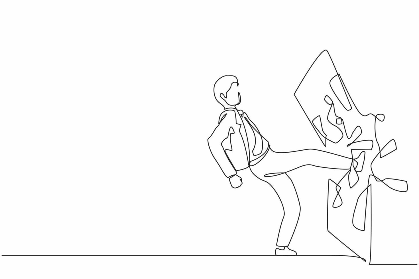Single continuous line drawing businessman kicked the mirror and shattered it. Breaking impossible barrier. Business motivation, breakthrough concept. One line draw graphic design vector illustration