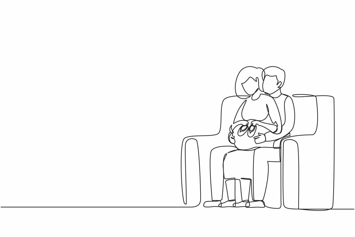 Single continuous line drawing happy pregnant woman holding baby shoes and her husband on sofa at home. pregnant woman and her husband holding baby shoes and hugging tummy. One line draw design vector