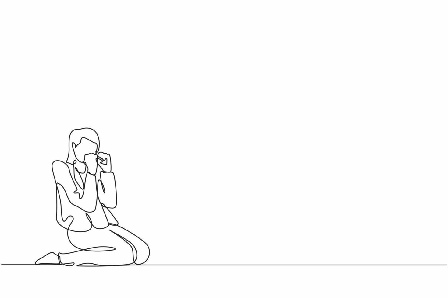 Single continuous line drawing happy businesswoman kneeling with gesture of both hands yes. vector