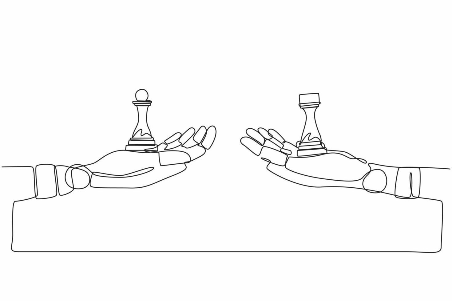 Single continuous line drawing robots hands with pawn and rook chess pieces. Modern robotics artificial intelligence technology. Electronic technology industry. One line draw graphic design vector