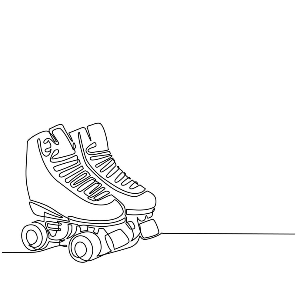 dibujo de una sola línea continua par de patines cuádruples retro vintage, símbolo del logotipo del icono. par de patines estilo boceto con cordones blancos. ilustración de vector de diseño gráfico de dibujo de una línea