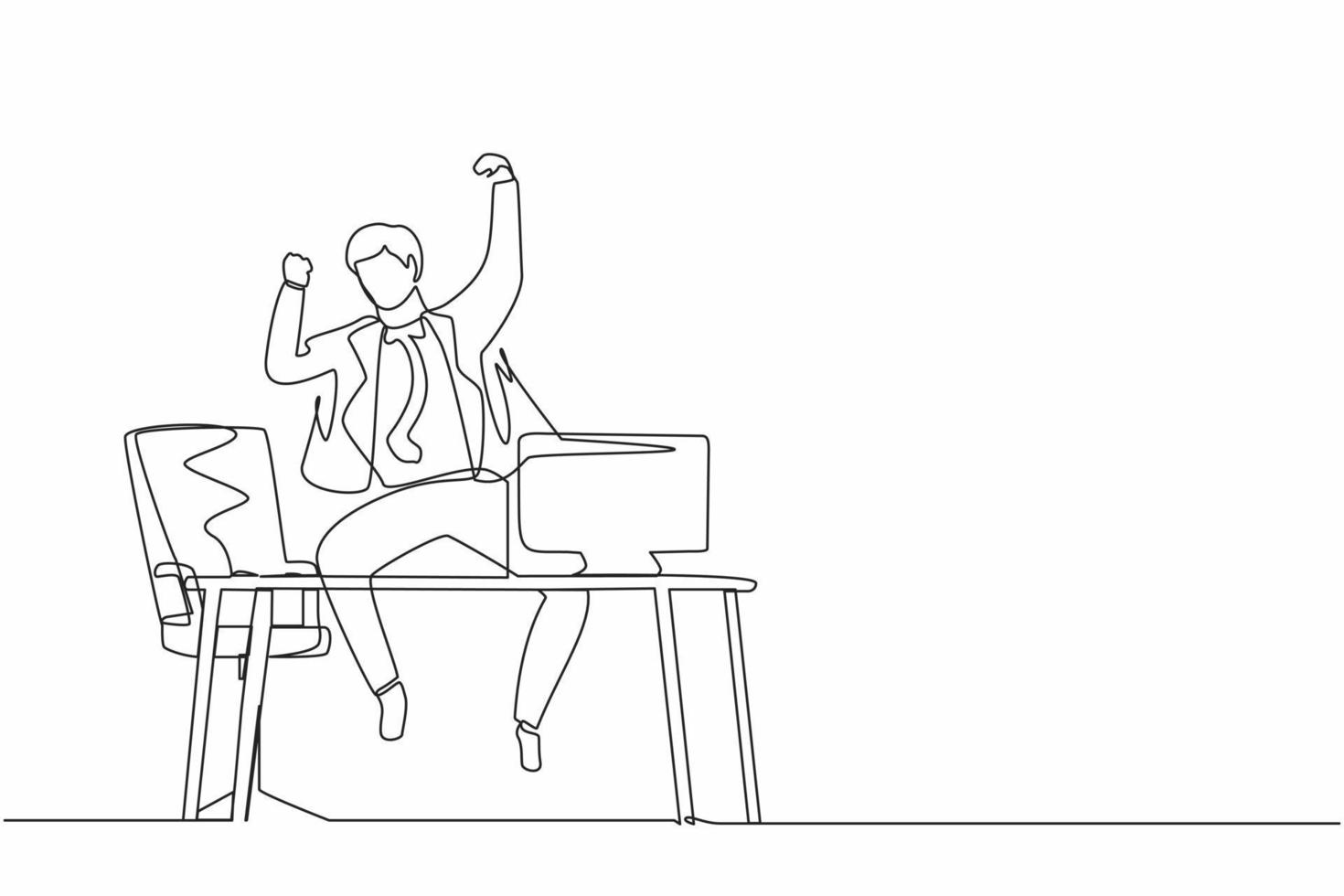 Single one line drawing happy businessman jump with raised hands on the his workplace. Male manager celebrating success of increasing company product sales. Continuous line draw design graphic vector