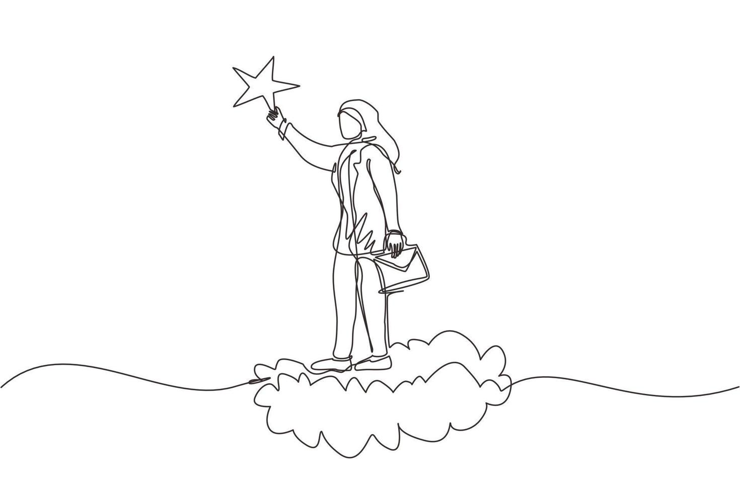 Continuous one line drawing Arabian businesswoman reaching and grab precious star. Business champion succeed get reward, winning star employee, career path, dream job. Single line draw design vector