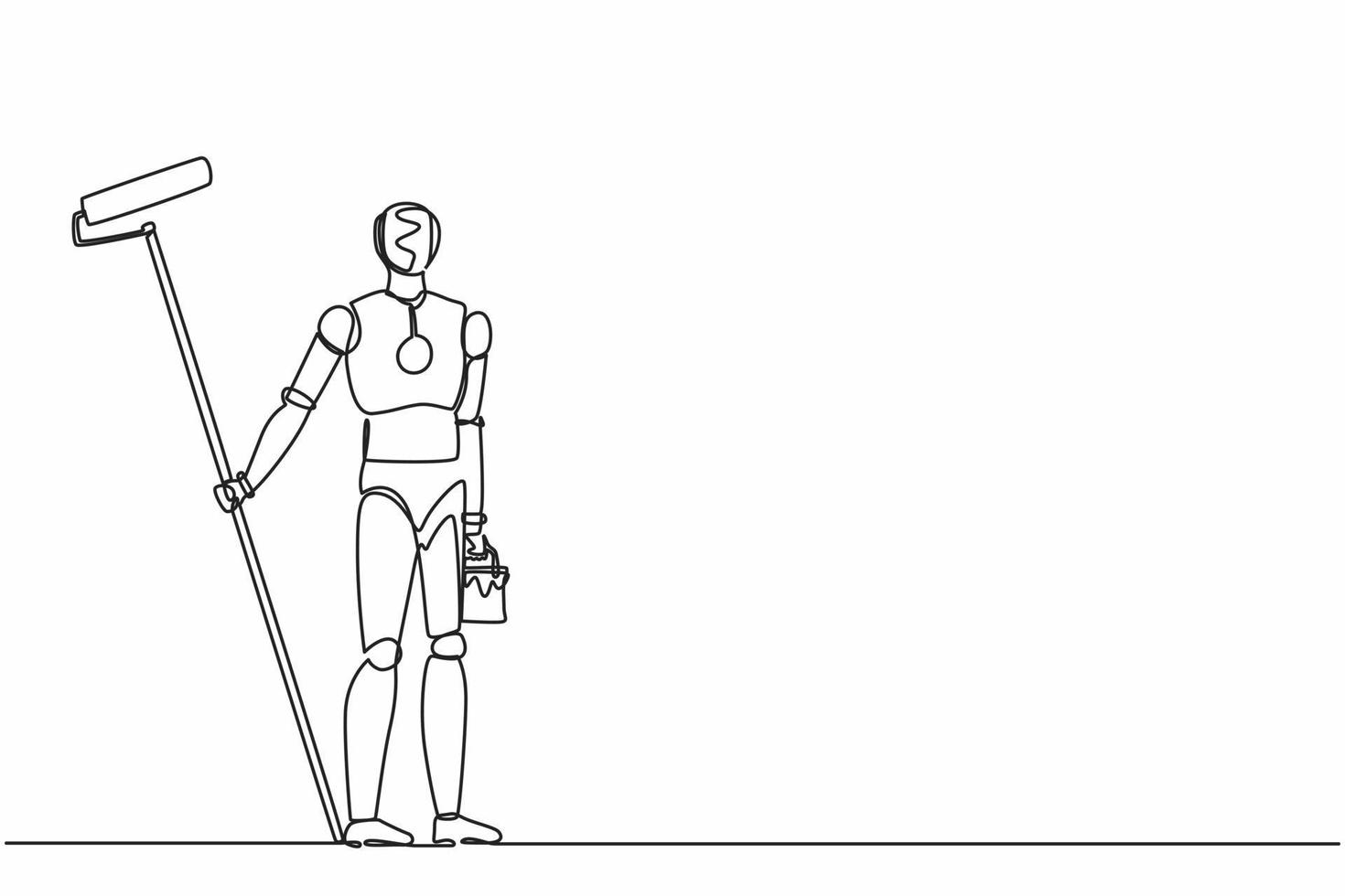 Continuous one line drawing robot painter with bucket of paint and paint roller. Humanoid robot cybernetic organism. Future robotics development. Single line draw design vector graphic illustration