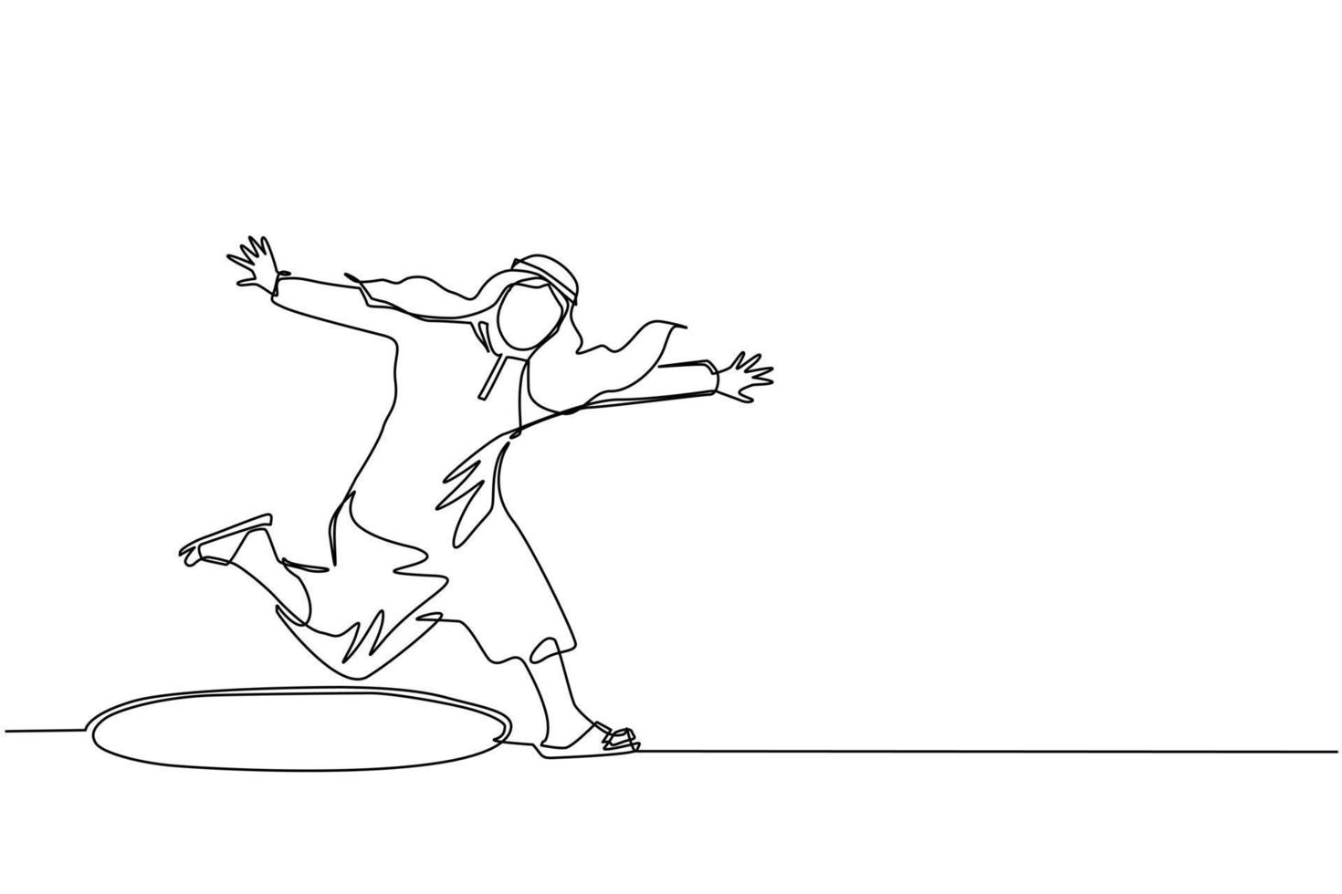 Continuous one line drawing Arabian businessman jumping through the hole, metaphor to facing big problem. Business struggles. Strength for success. Single line draw design vector graphic illustration