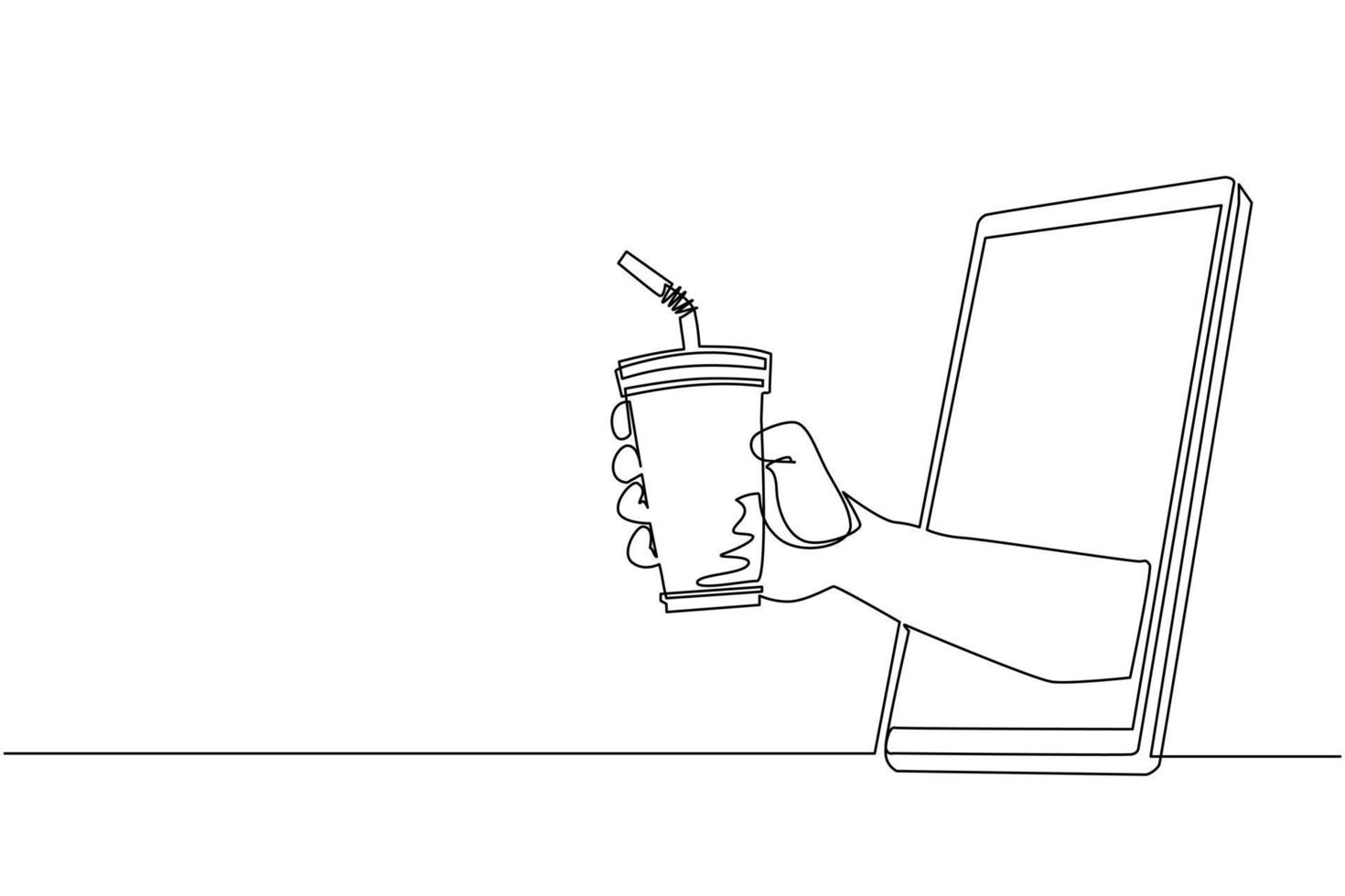 Single continuous line drawing hand holding paper cup with straw through mobile phone. Concept of cafe drink order delivery online food. Application for smartphone. One line draw graphic design vector
