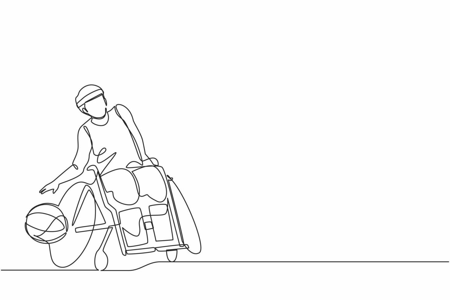 Continuous one line drawing athlete playing basketball sitting in wheelchair.  man with paralyzed legs training with ball. Person with disability doing sports. Single line draw design vector