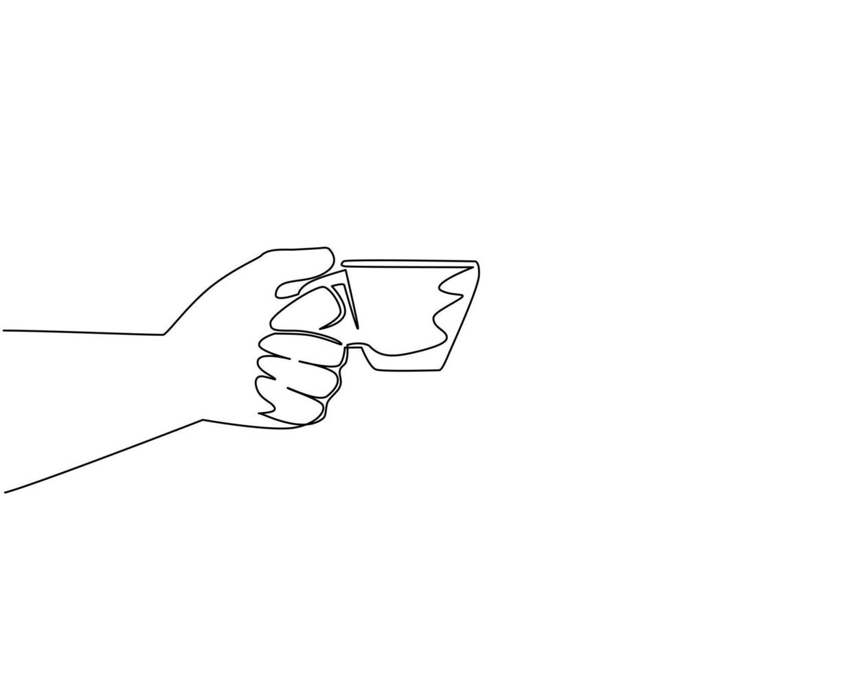 Single one line drawing hand holds a cup of hot coffee. Hand holding cup of tea or coffee. Coffee break. For restaurant or cafe drink menu. Continuous line draw design graphic vector illustration