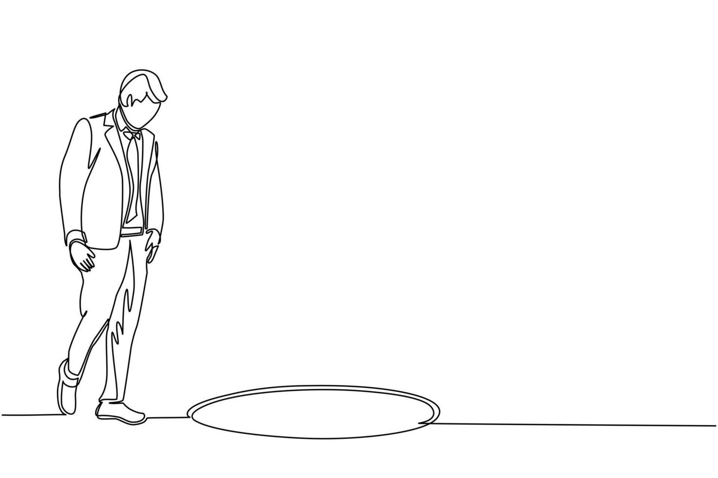 Single continuous line drawing businessman looking at black hole. Man wondering and looking at big hole, business concept in opportunity, exploration or challenge. Dynamic one line draw design vector