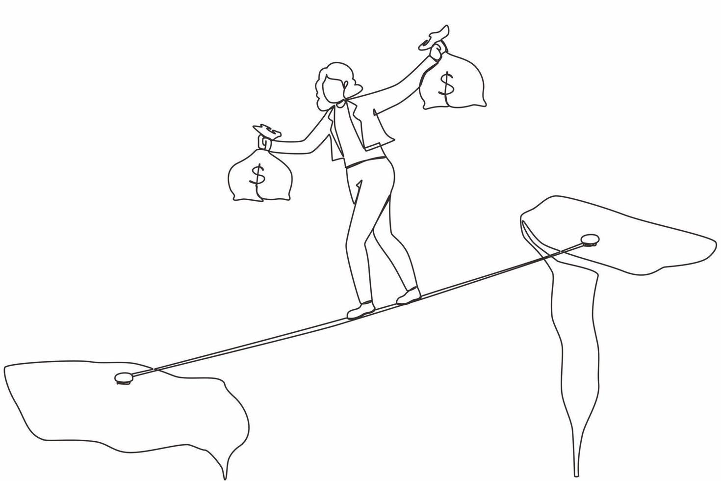 Single continuous line drawing businesswoman walk over cliff gap mountain carry two money bag risking dangerous. Female walking balance on rope bridge. One line draw graphic design vector illustration