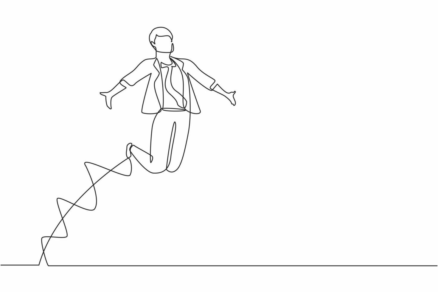 Single one line drawing happy businessman jump with raised his legs and spread his arms. Male manager celebrating success of increasing company's product sales. Continuous line design graphic vector