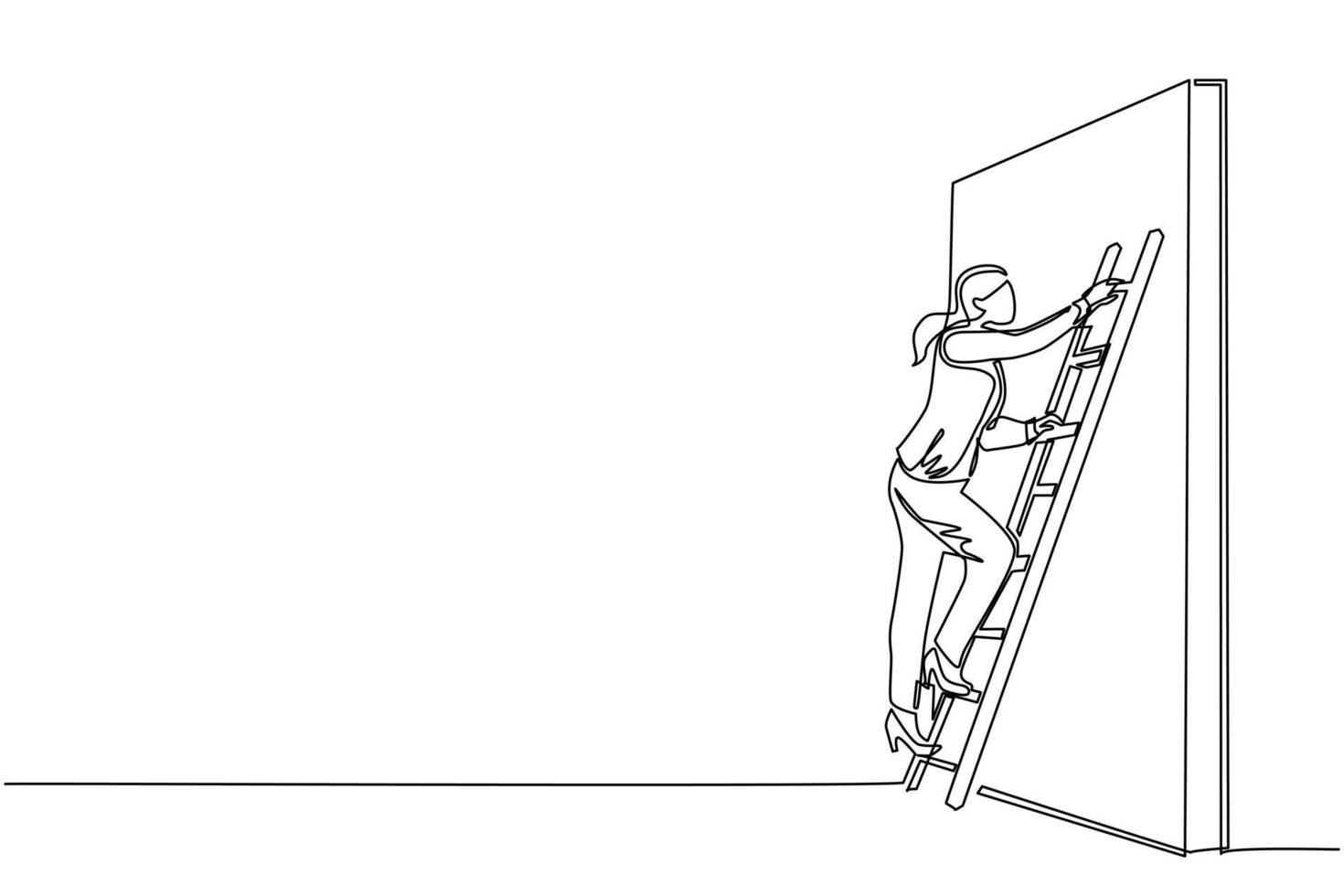 dibujo continuo de una línea mujer de negocios subiendo por la pared con escalera. metáfora del obstáculo comercial. símbolo para el crecimiento profesional, encontrando una solución creativa. ilustración de vector de diseño de dibujo de una sola línea