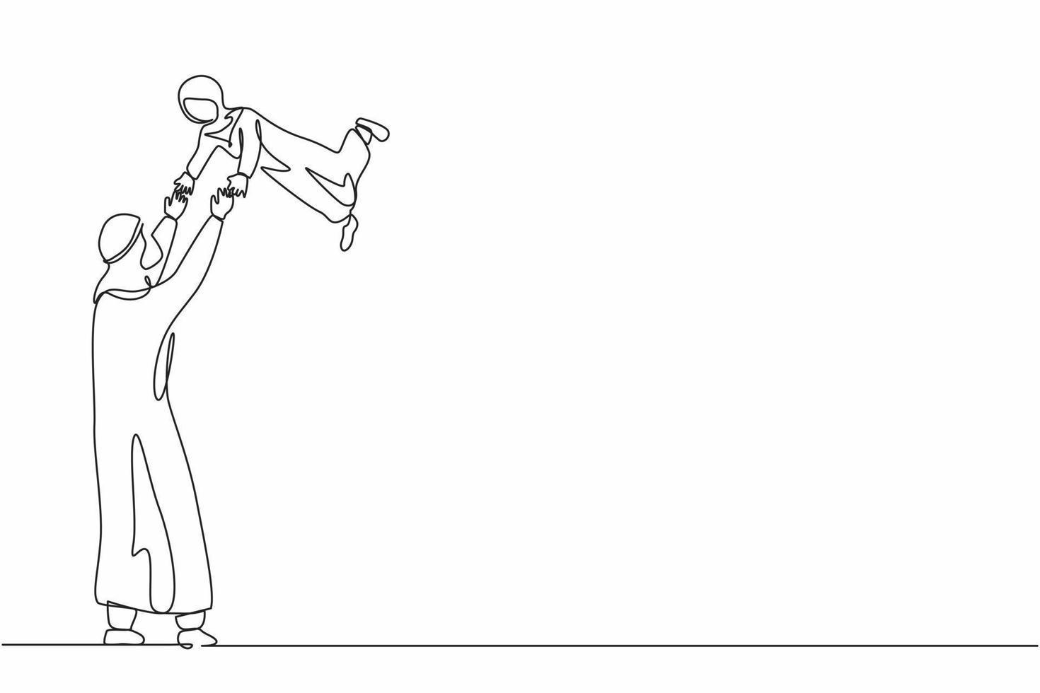 Single continuous line drawing Arab dad carry his daughter. Father's day in activity, sense of tenderness of children, carrying of love, his child's enjoy flying and play. One line draw design vector