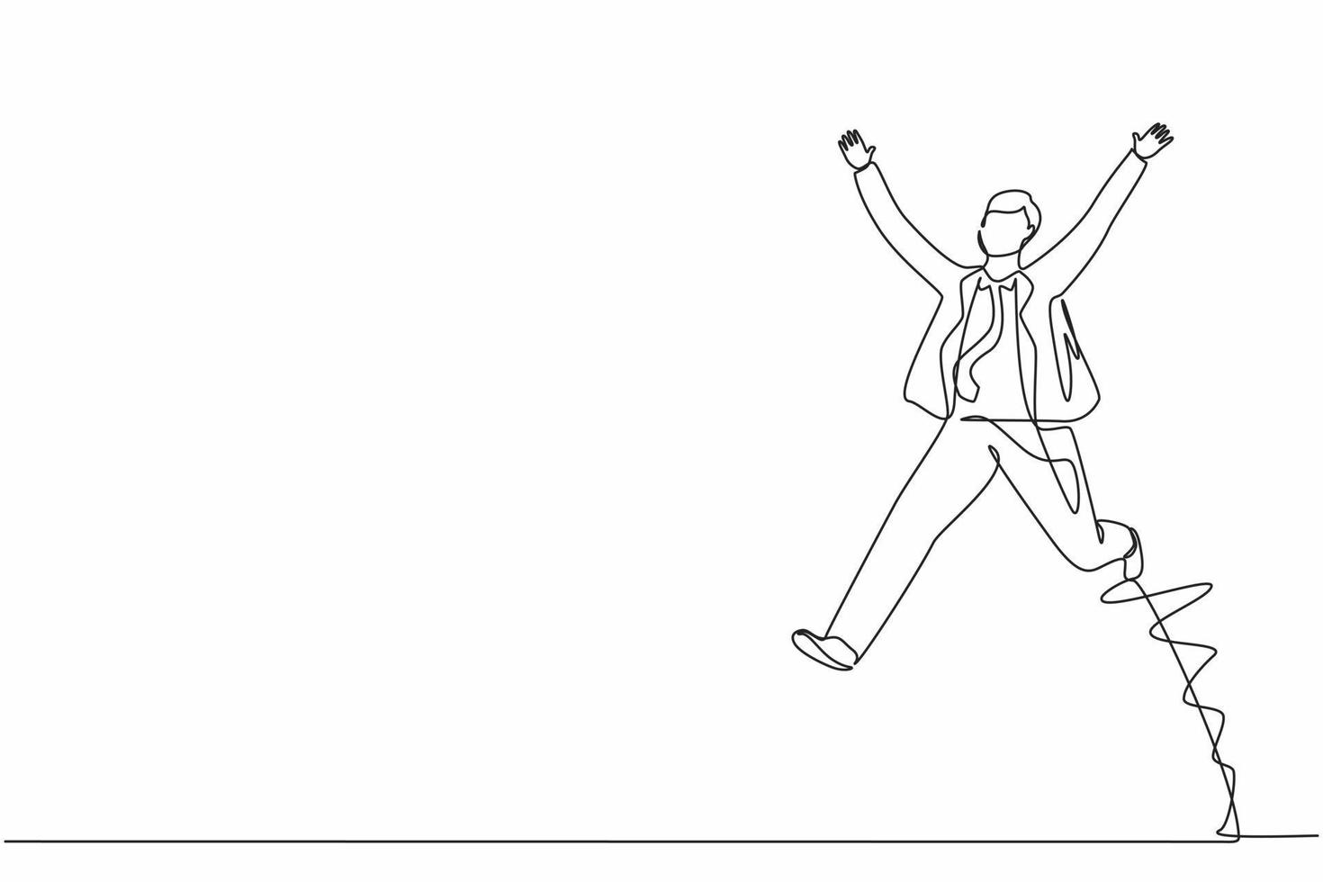 Single continuous line drawing happy businessman jump with both hands raised. Salesman celebrates salary increase and benefits from company. Dynamic one line draw graphic design vector illustration