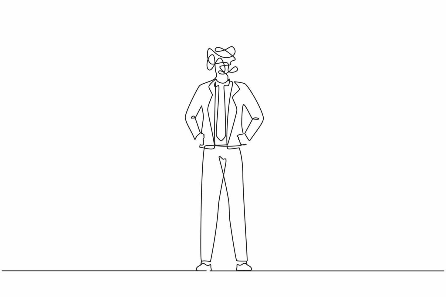 Single continuous line drawing businessman with round scribbles instead of head. Male manager standing and holding hand on hip. Office worker pose. One line draw graphic design vector illustration