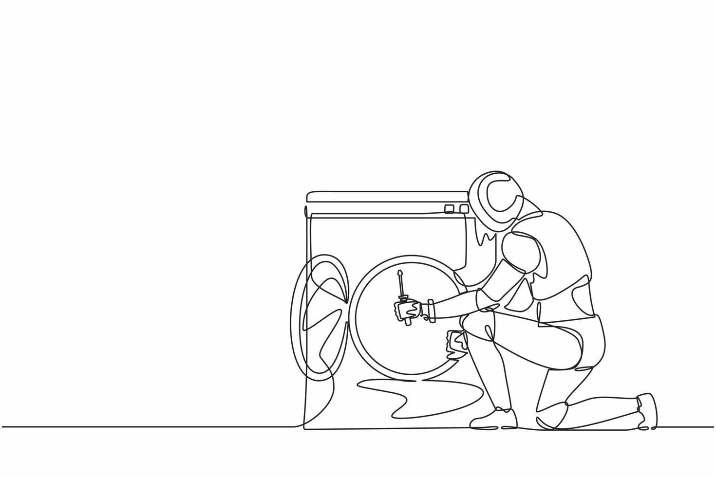 Single one line drawing robot repairman fixing washing machine at home. Future technology development. Artificial intelligence and machine learning. Continuous line design graphic vector illustration