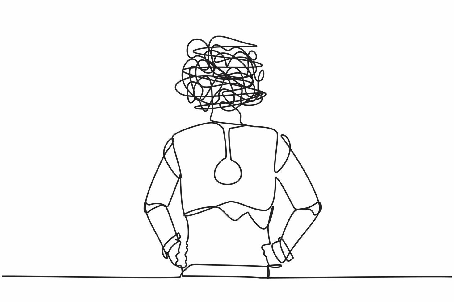 Continuous one line drawing robot with round scribbles instead of head, standing and holding on his hip. Humanoid robot cybernetic. Future robotic development. Single line design vector illustration