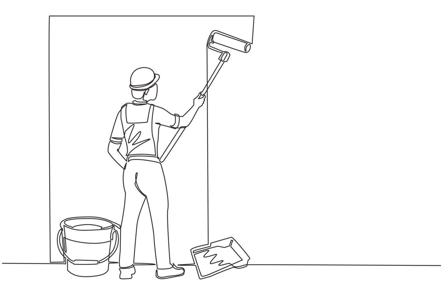 Single one line drawing man painting wall with roller. Vector concept illustration on home repair, renovation, freshen up. Male painter professional at work. Modern continuous line draw design graphic
