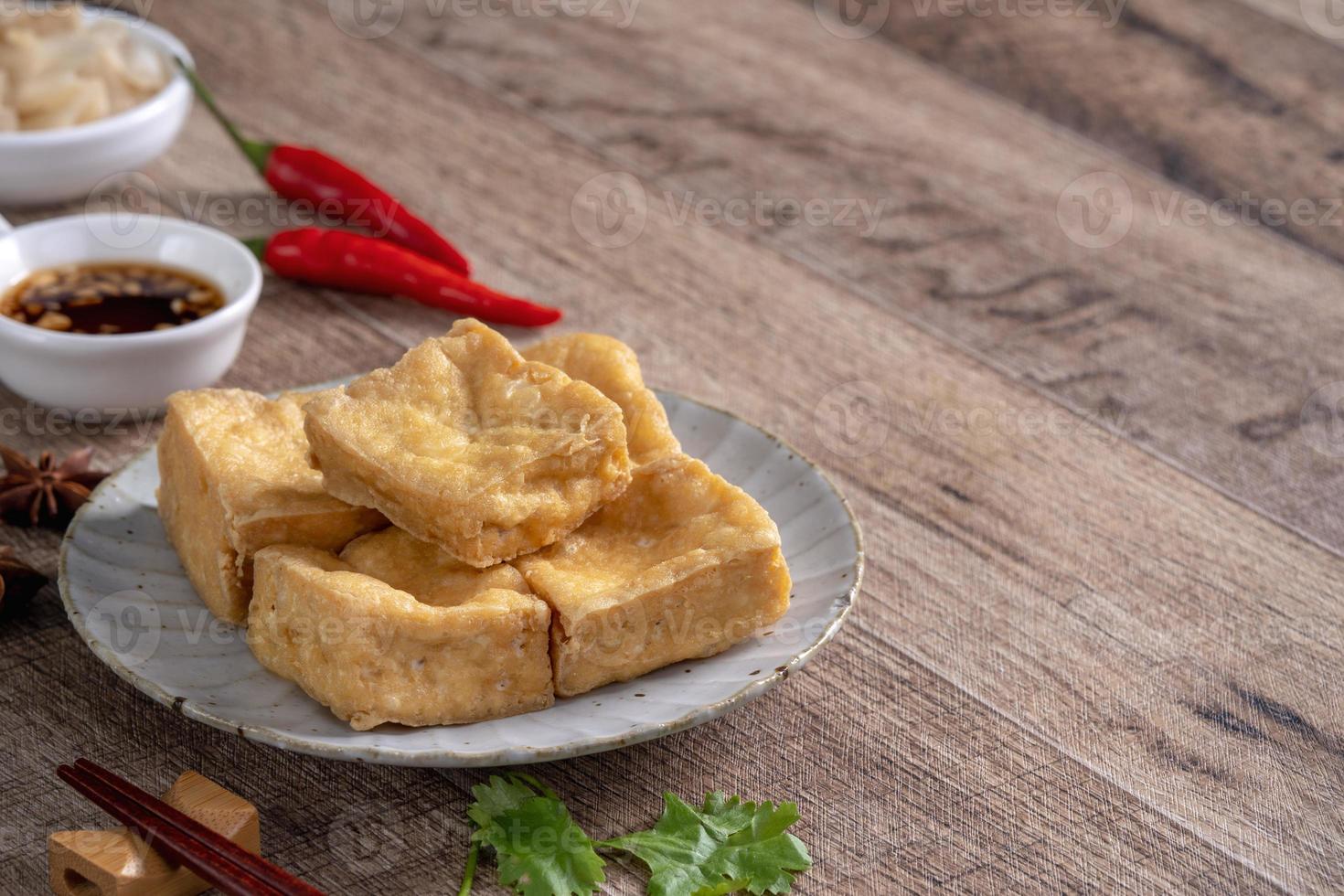 Deep fried stinky tofu with pickled cabbage street food in Taiwan. photo