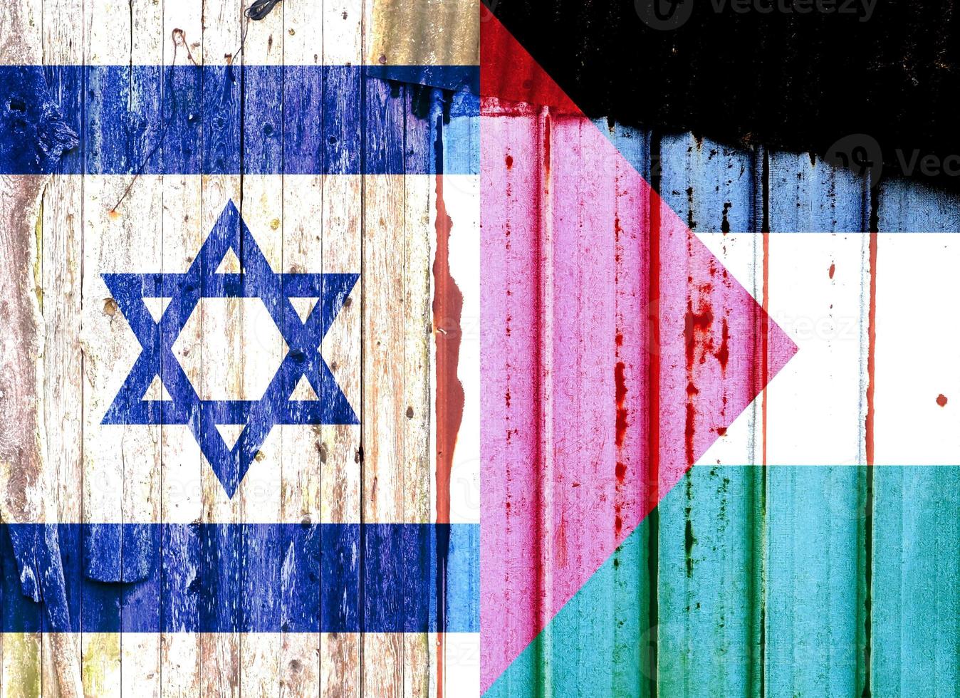 Palestine confrontation with Israel. Concept of flags. War and military. Grunge vintage cracks retro style photo