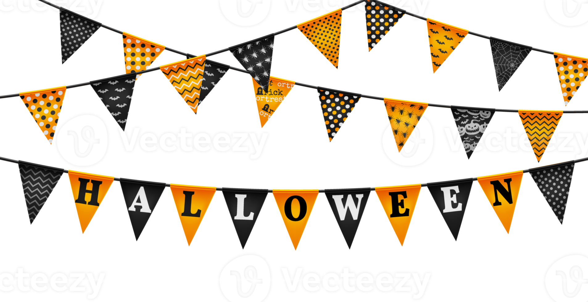 decorazione ghirlanda di halloween per halloween felice. ghirlande di bandiere di halloween con arancio e nero. sito web spettrale o modello di banner. png